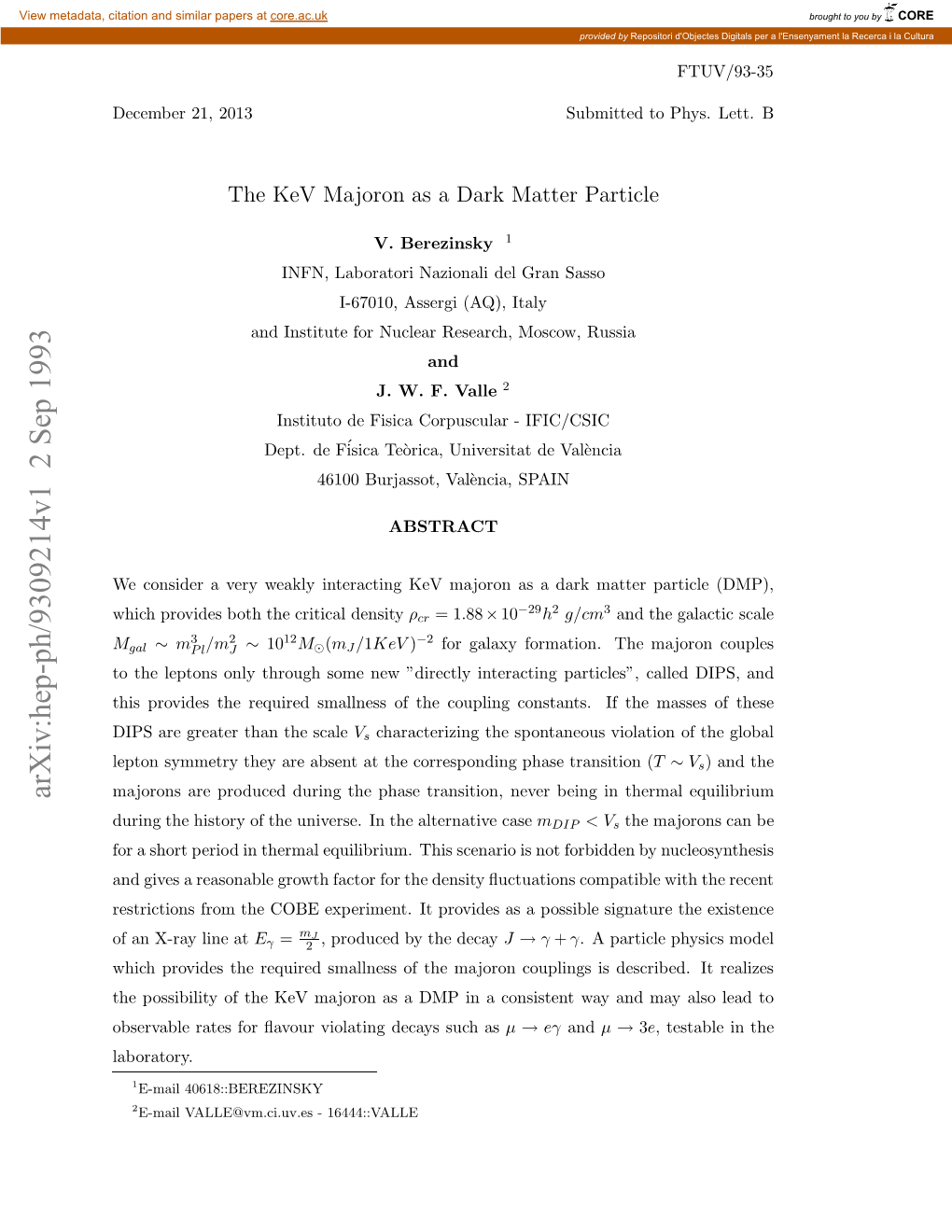 Arxiv:Hep-Ph/9309214V1 2 Sep 1993 Etitosfo H Oeeprmn.I Rvdsa Poss at a Line As X-Ray Provides an It of Experiment