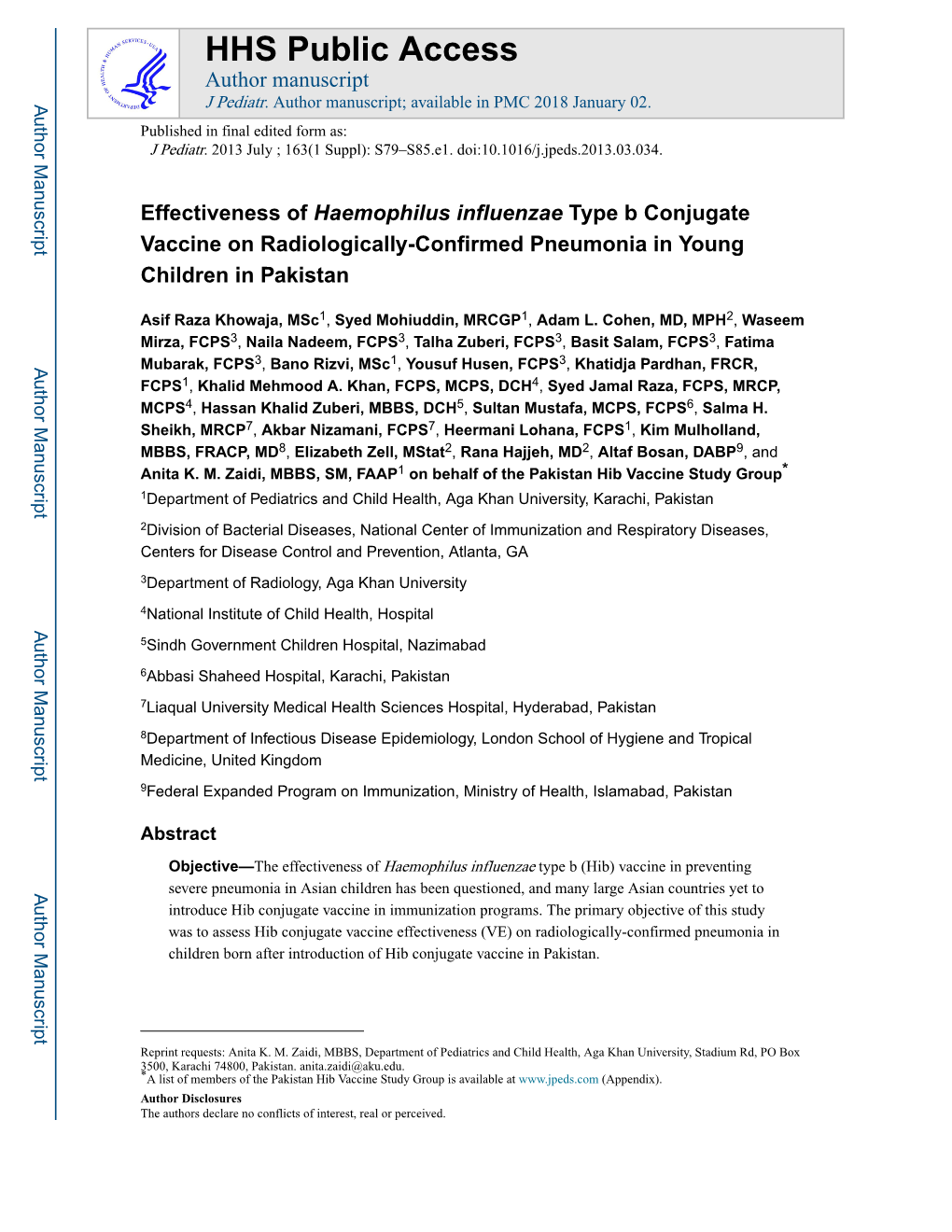 Effectiveness of Haemophilus Influenzae Type B Conjugate Vaccine on Radiologically-Confirmed Pneumonia in Young Children in Pakistan