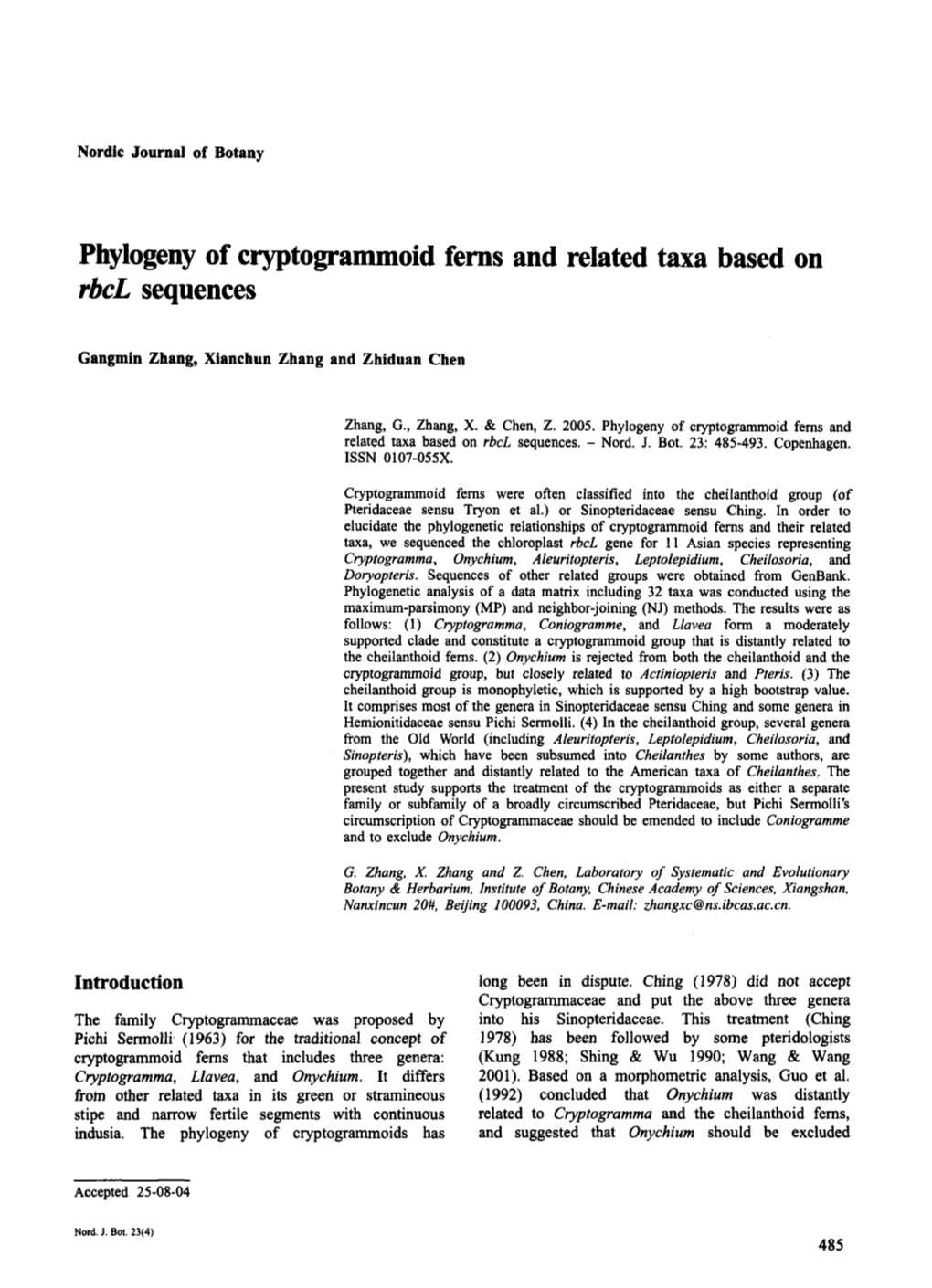 Phylogeny of Cryptogrammoid Ferns and Related Taxa Based on Rbcl Sequences