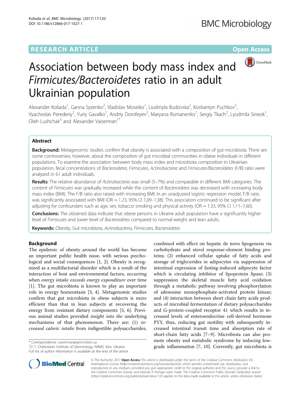 Association Between Body Mass Index and Firmicutes/Bacteroidetes Ratio