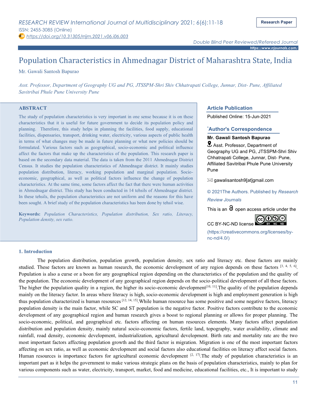 Population Characteristics in Ahmednagar District of Maharashtra State, India