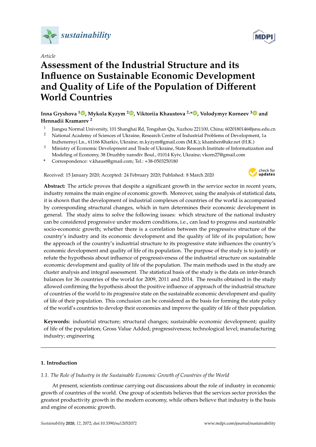 Assessment of the Industrial Structure and Its Influence on Sustainable