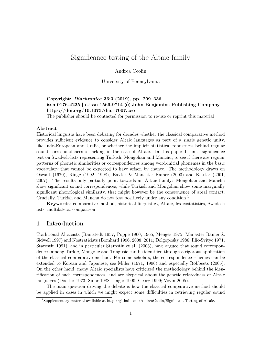 Significance Testing of the Altaic Family