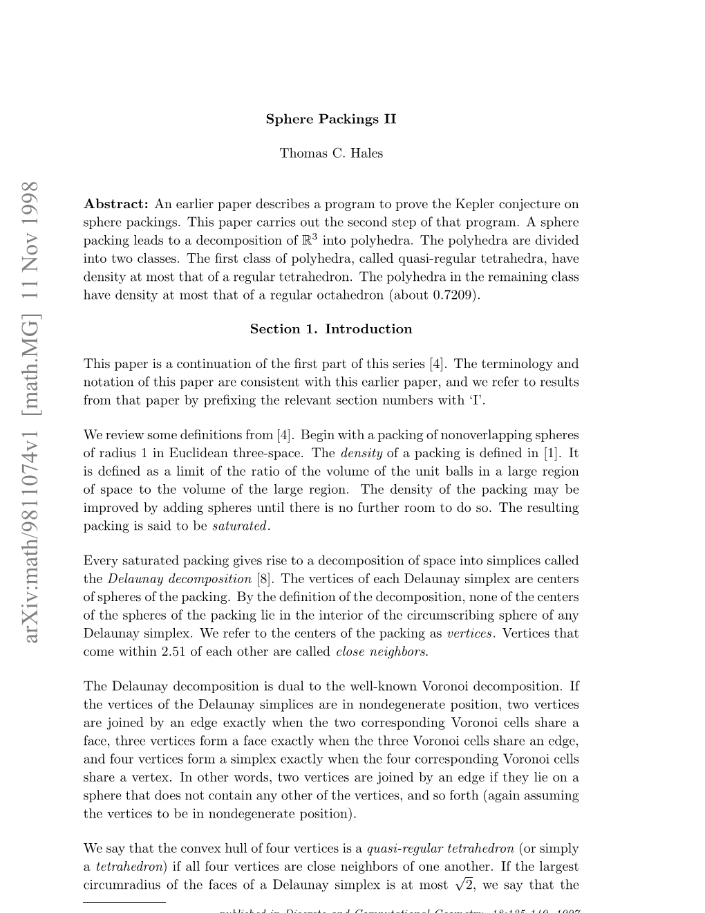 [Math.MG] 11 Nov 1998 Abstract: Peepcig.Ti Ae Are U H Eodse Fth of of Step Decomposition Second a the to out Leads Carries Packing Paper This Packings