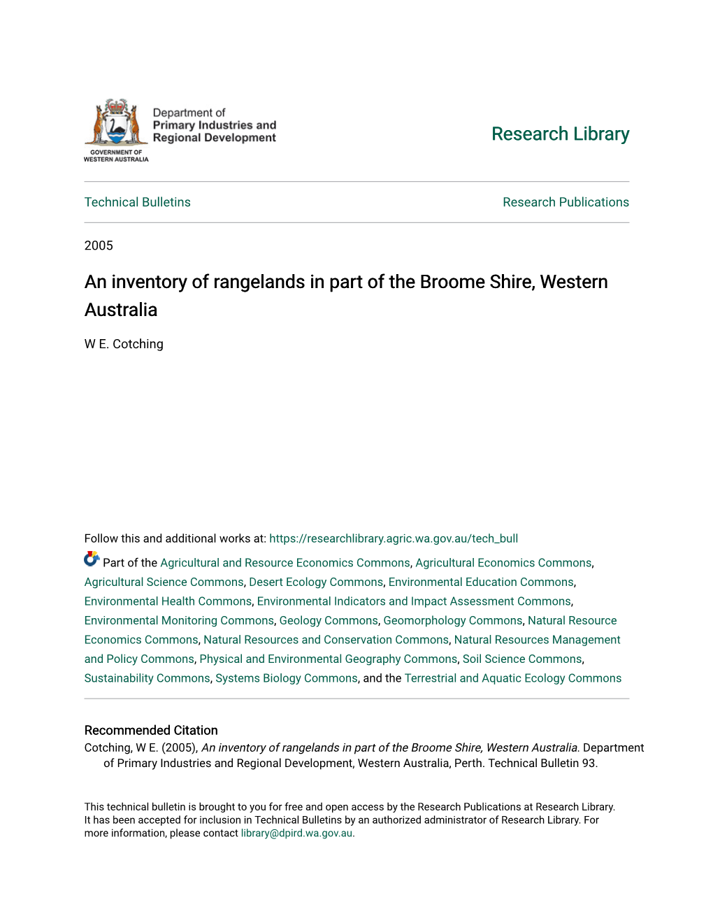 An Inventory of Rangelands in Part of the Broome Shire, Western Australia