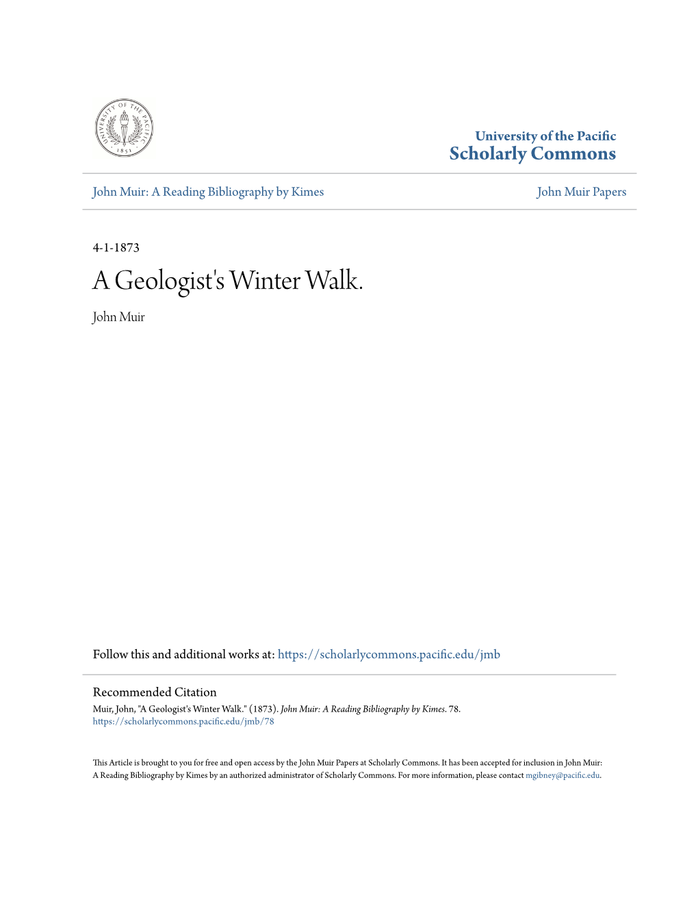 A Geologist's Winter Walk. John Muir