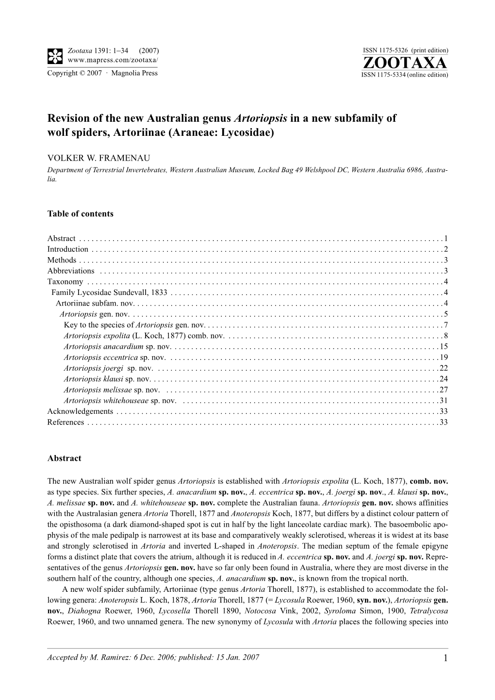 Zootaxa: Revision of the New Australian Genus Artoriopsis in A