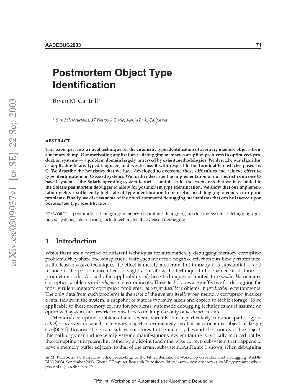 [Cs.SE] 22 Sep 2003 Postmortem Object Type Identification