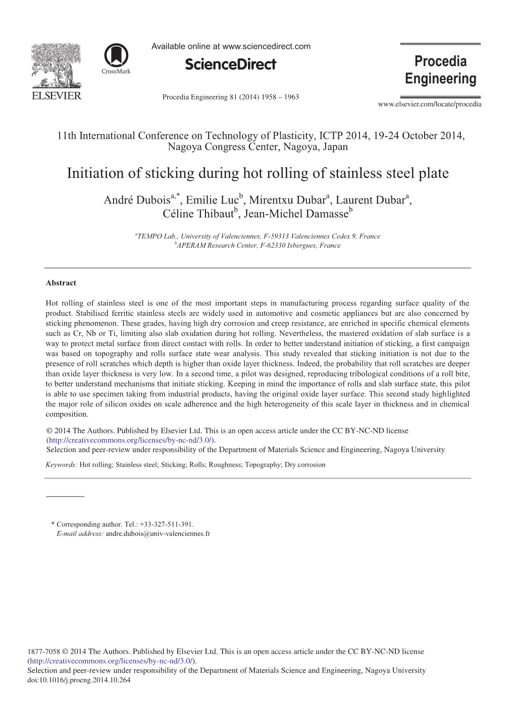 Initiation of Sticking During Hot Rolling of Stainless Steel Plate