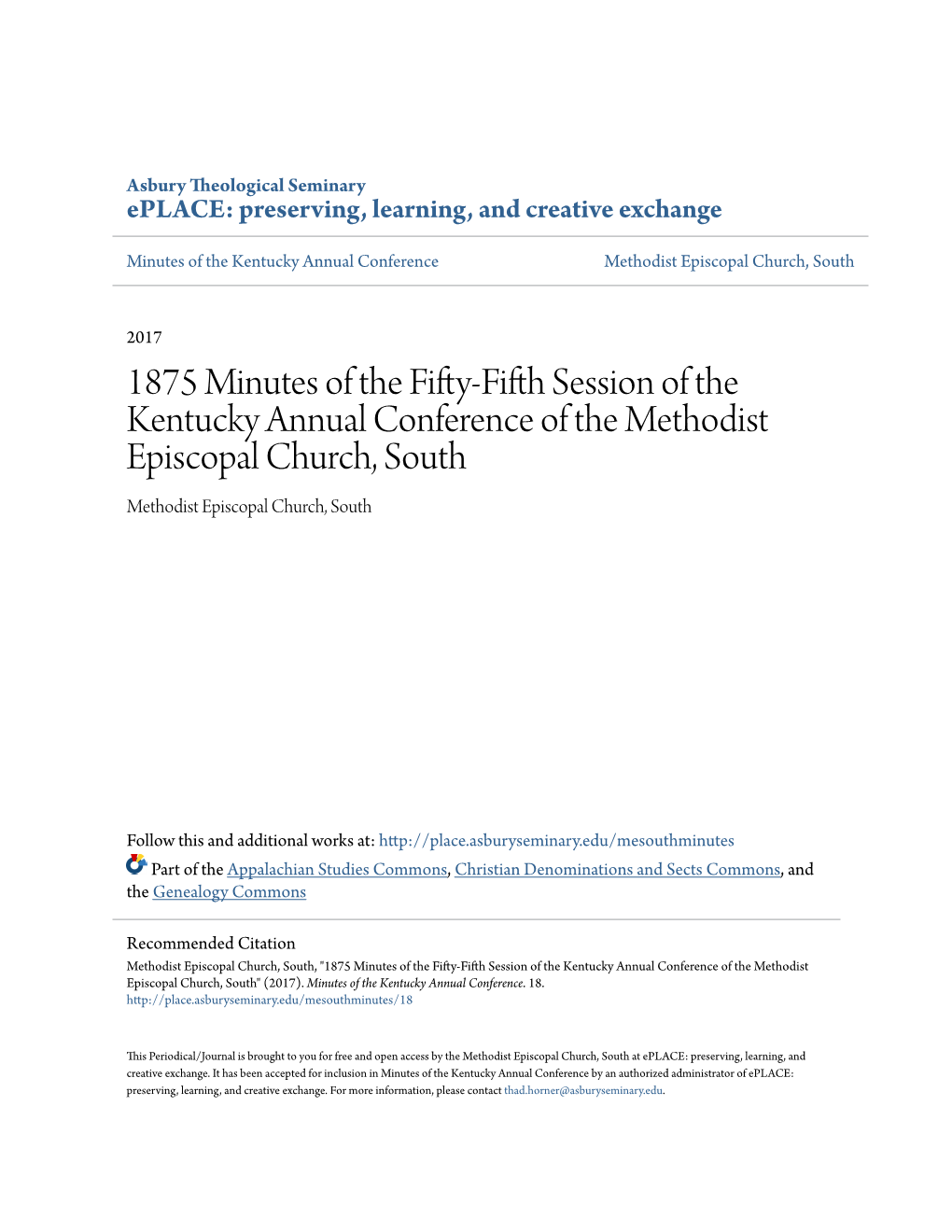 1875 Minutes of the Fifty-Fifth Session of the Kentucky Annual Conference