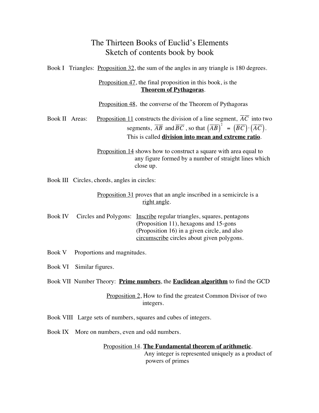 The Thirteen Books of Euclid's Elements Sketch of Contents Book