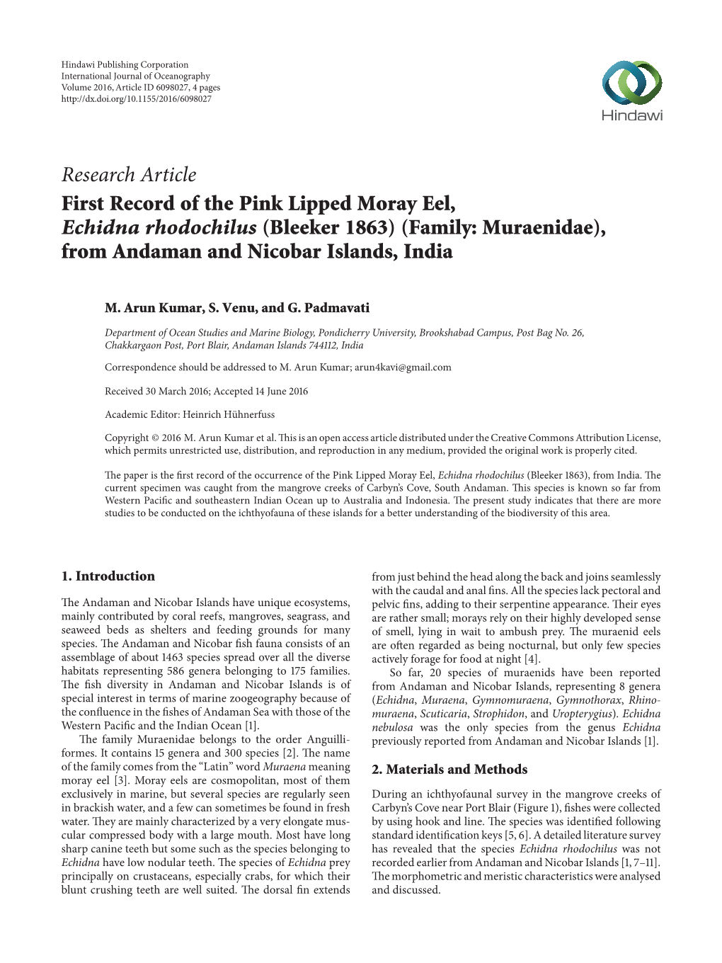 Research Article First Record of the Pink Lipped Moray Eel, Echidna Rhodochilus (Bleeker 1863) (Family: Muraenidae), from Andaman and Nicobar Islands, India