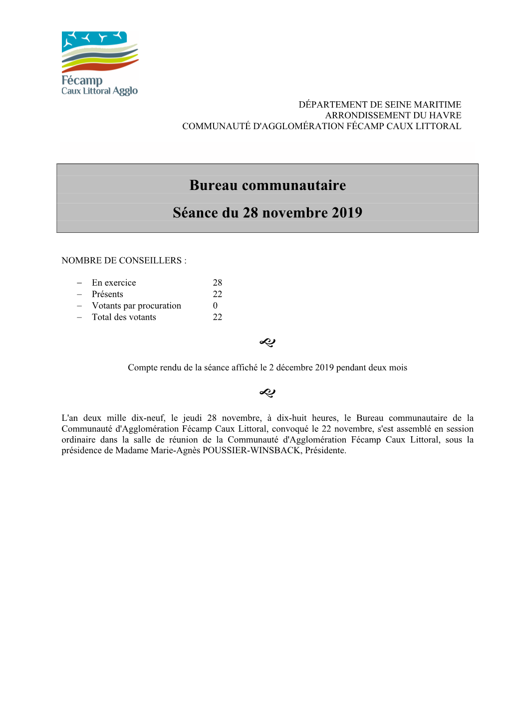 Bureau Communautaire Séance Du 28 Novembre 2019