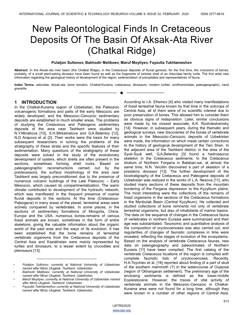 New Paleontological Finds in Cretaceous Deposits of the Basin of Aksak-Ata River (Chatkal Ridge)