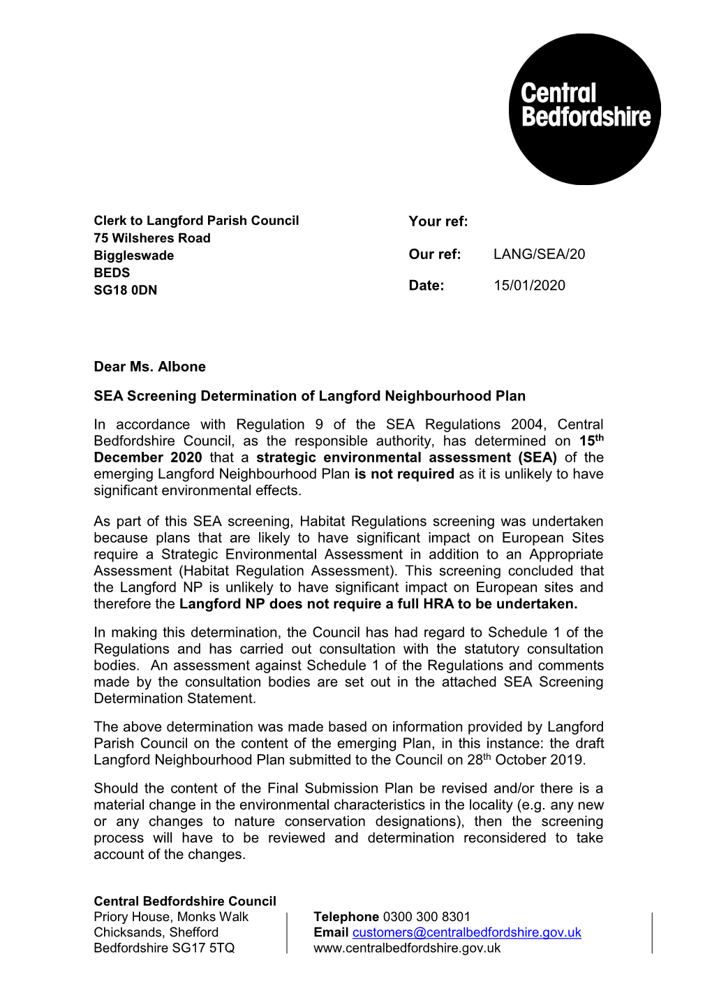 Toddington NP SEA Determination Letter