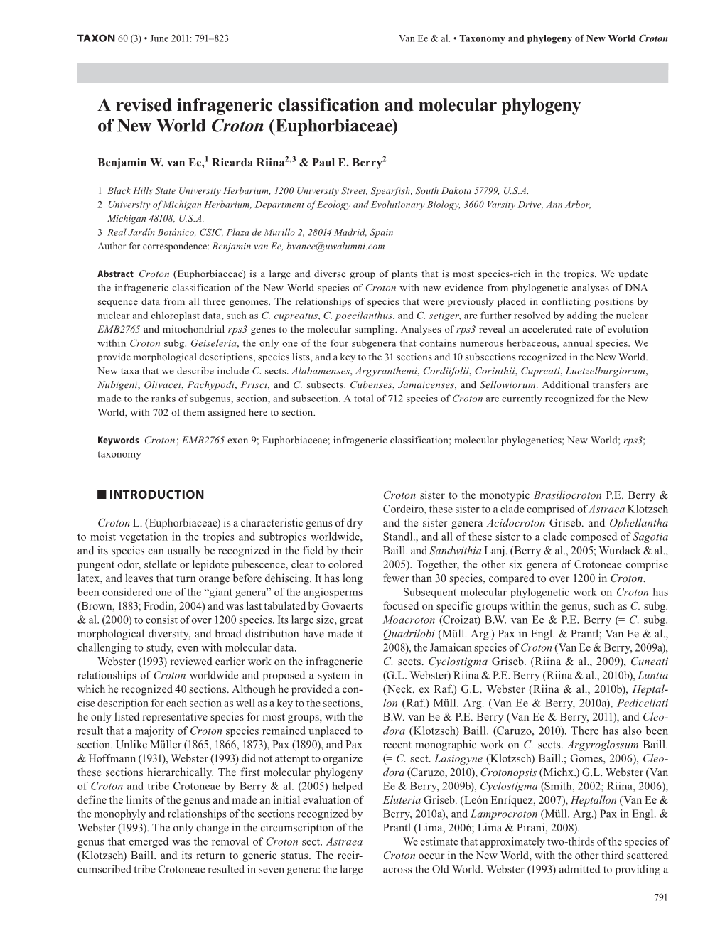 A Revised Infrageneric Classification and Molecular Phylogeny of New World Croton (Euphorbiaceae)