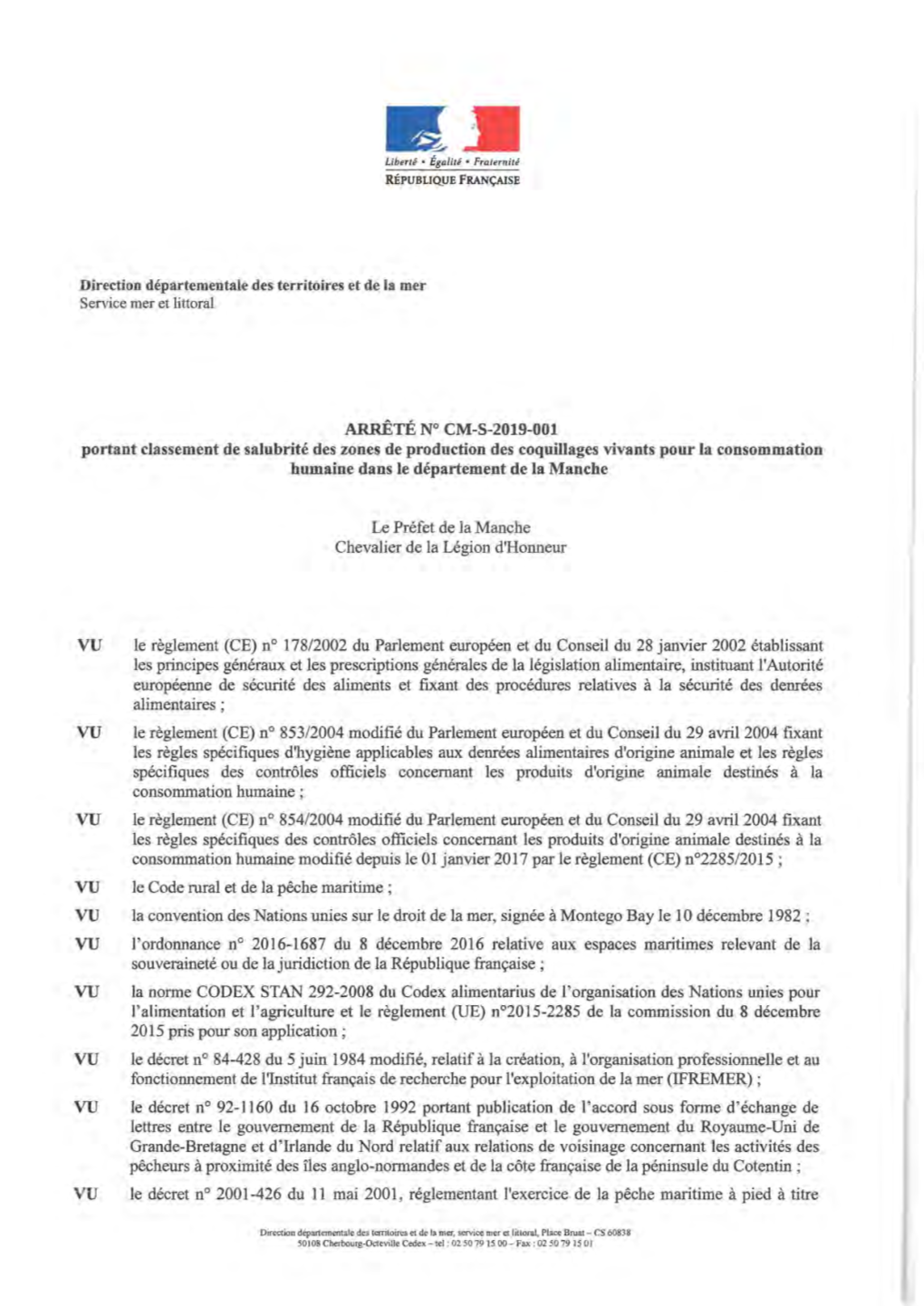 ARRÊTÉ N° CM-S-2019-001 Portant Classement De Salubrité Des Zones De Production Des Coquillages Vivants Pour La Consommation Humaine Dans Le Département De La Manche