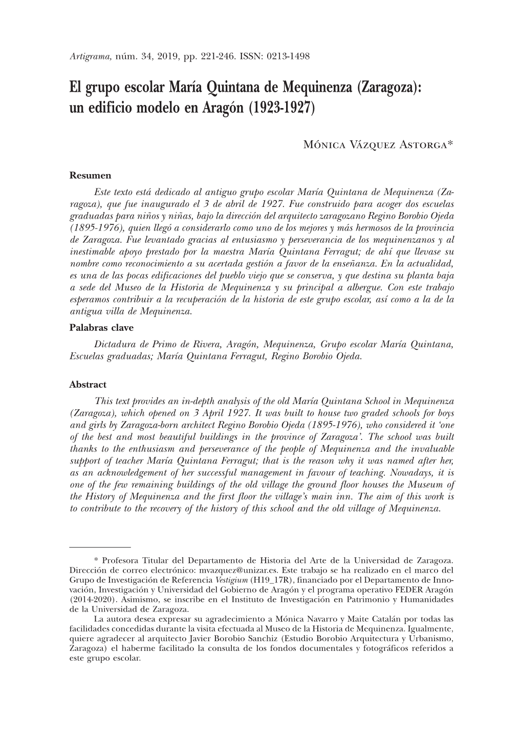 El Grupo Escolar María Quintana De Mequinenza (Zaragoza): Un Edificio Modelo En Aragón (1923-1927)