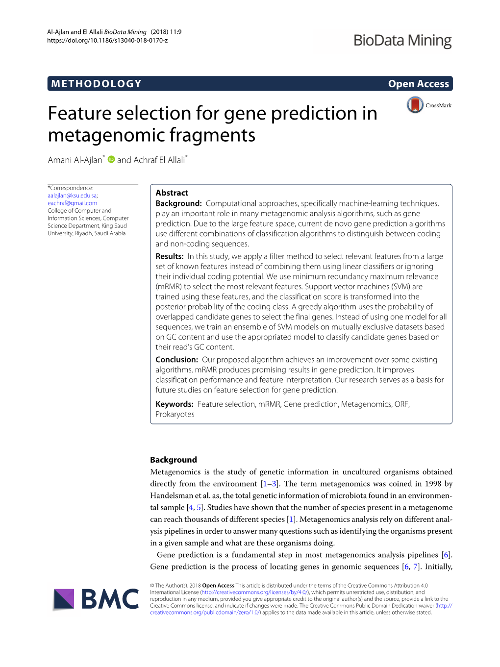 Feature Selection for Gene Prediction in Metagenomic Fragments