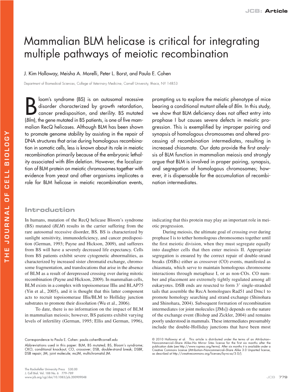 Mammalian BLM Helicase Is Critical for Integrating Multiple Pathways of Meiotic Recombination
