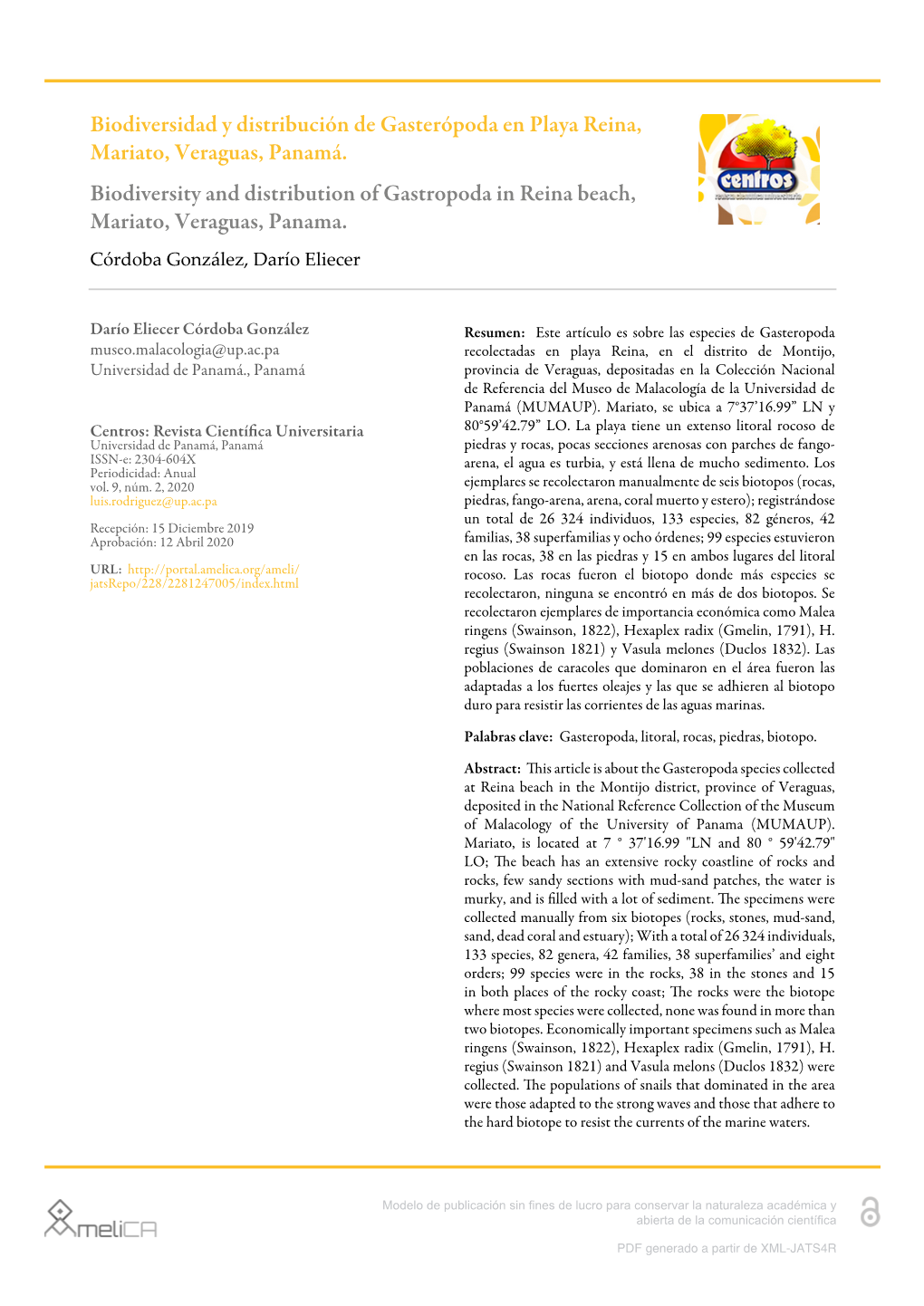 Biodiversidad Y Distribución De Gasterópoda En Playa Reina, Mariato, Veraguas, Panamá