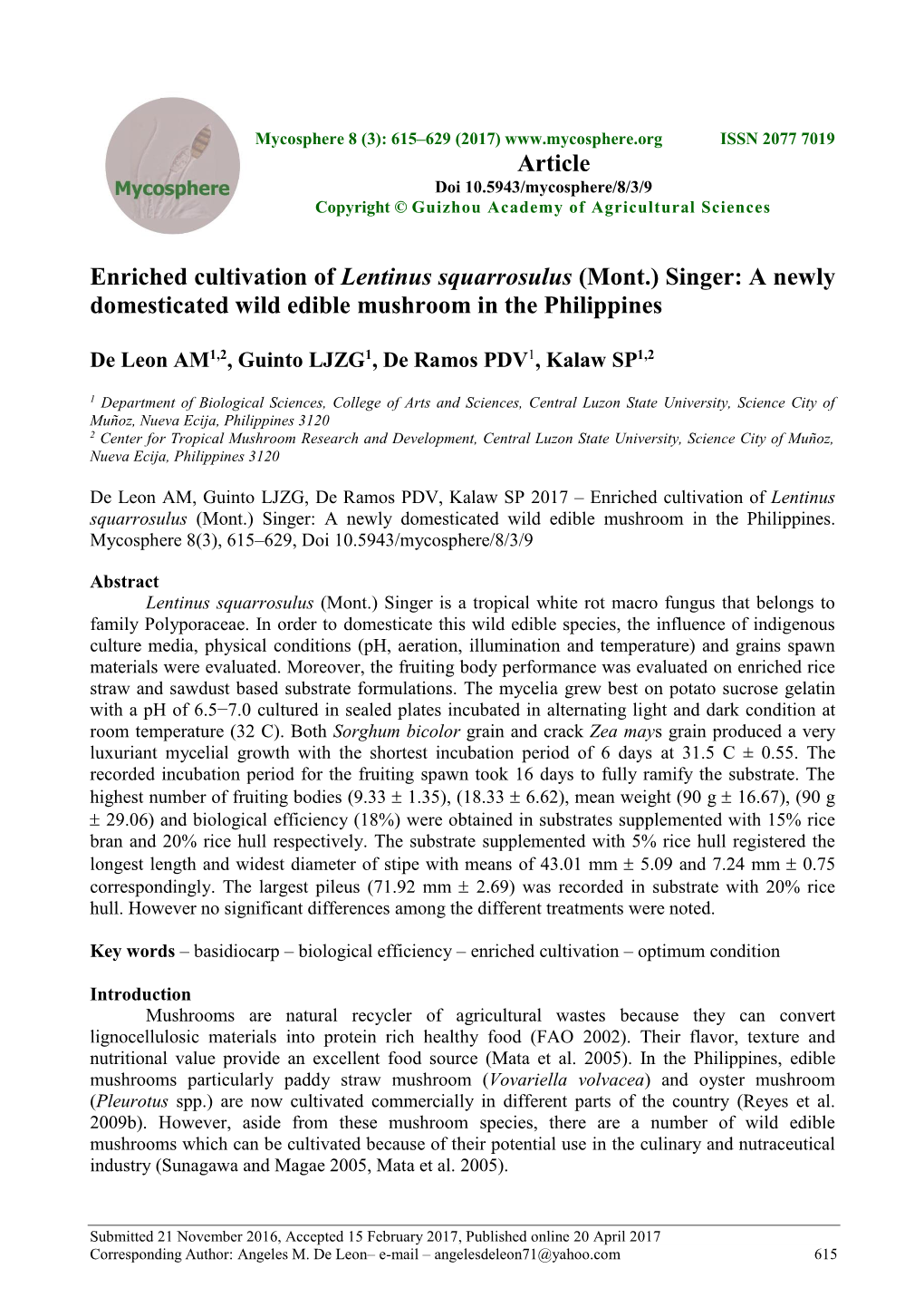 Enriched Cultivation of Lentinus Squarrosulus (Mont.) Singer: a Newly Domesticated Wild Edible Mushroom in the Philippines