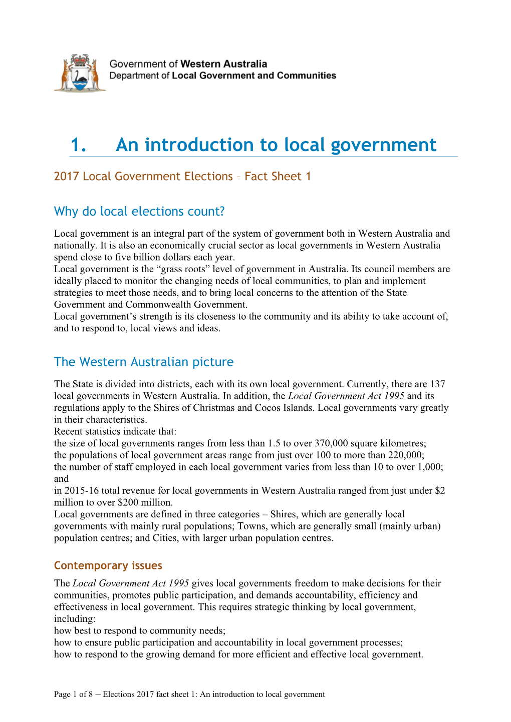 Local Government Elections 2017 - Fact Sheet 01 - an Introduction to Local Government