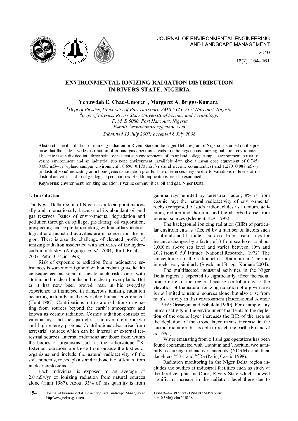 Environmental Ionizing Radiation Distribution in Rivers State, Nigeria