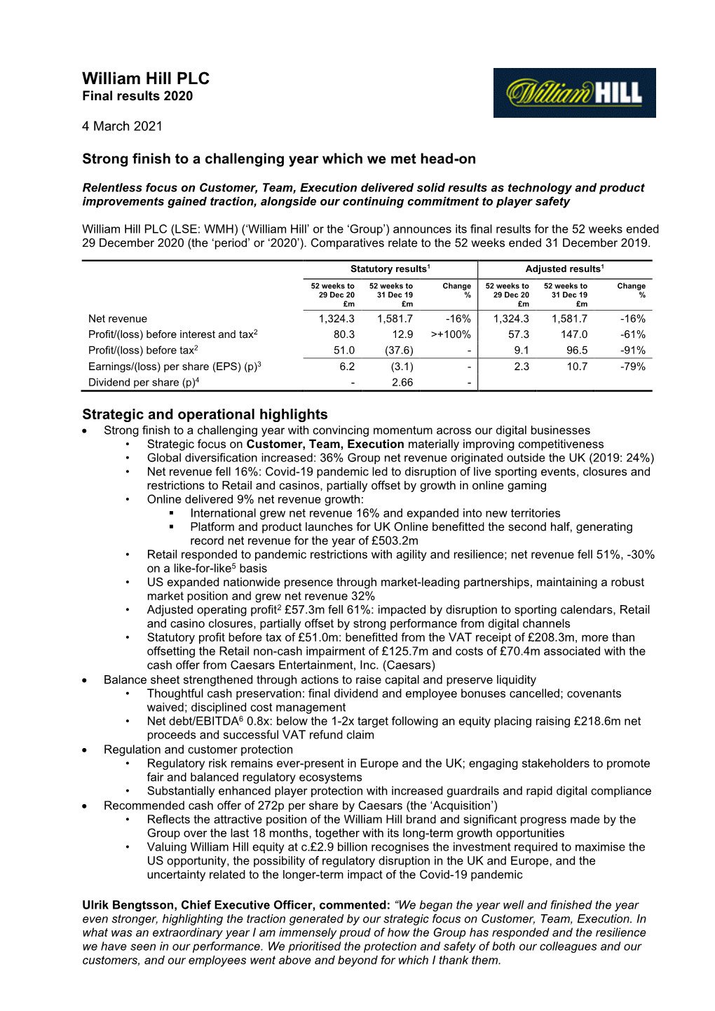 William Hill PLC Final Results 2020