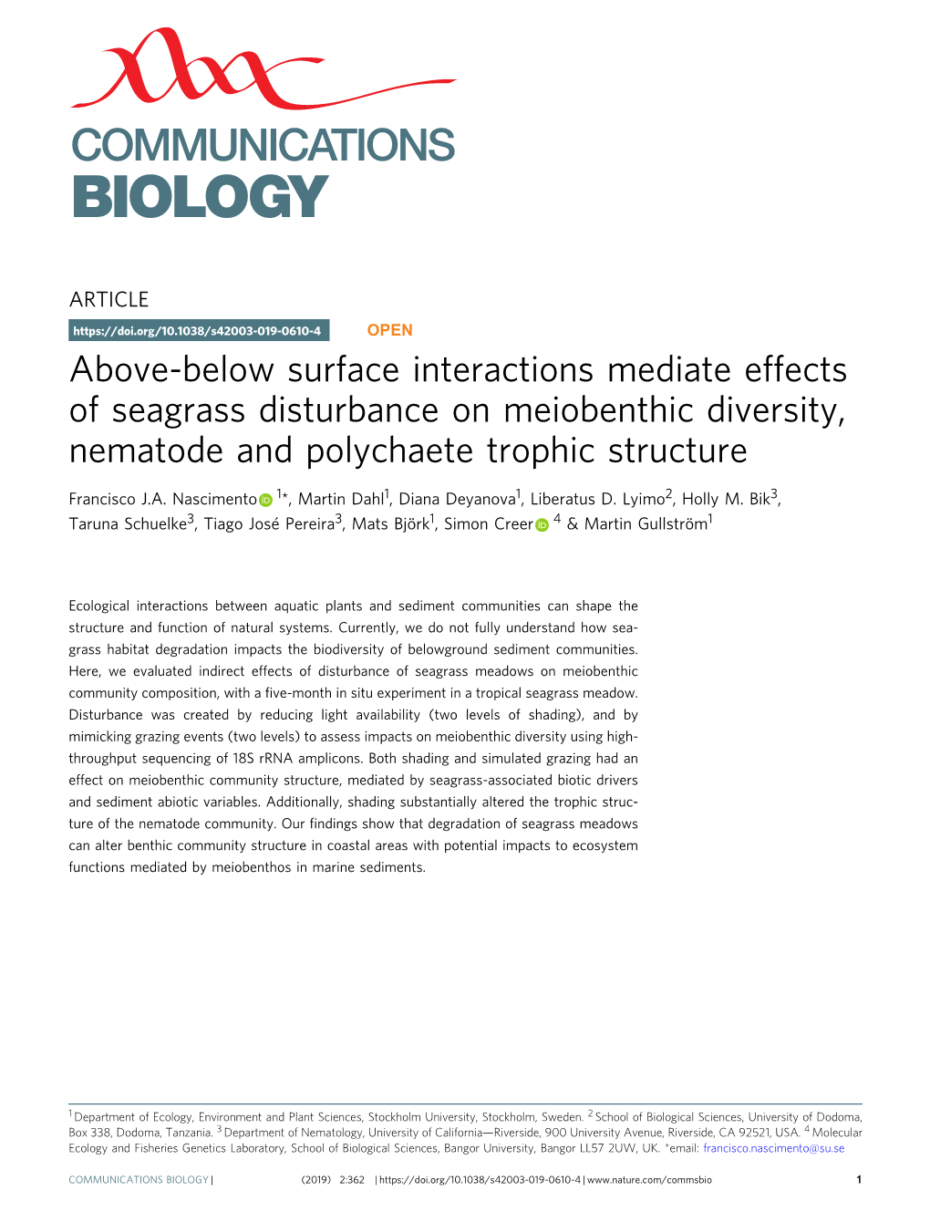 Above-Below Surface Interactions Mediate Effects of Seagrass Disturbance on Meiobenthic Diversity, Nematode and Polychaete Trophic Structure