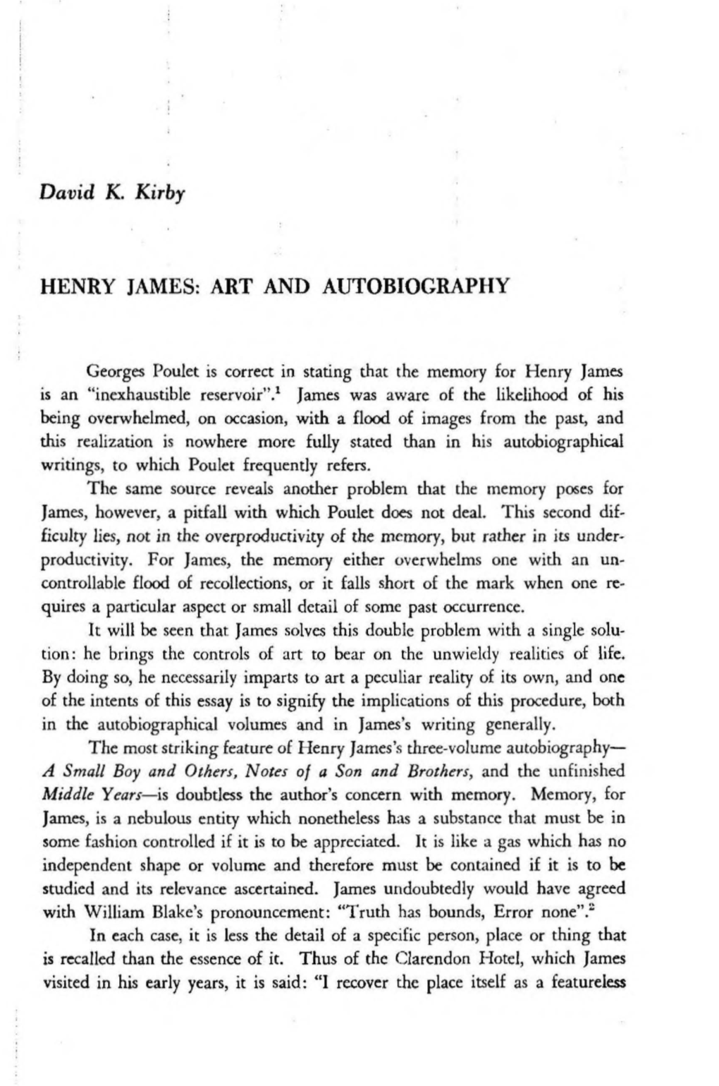 Henry James: Art and Autobiography