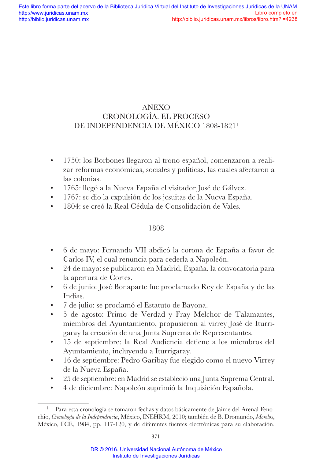 Anexo. Cronología. El Proceso De Independencia De México