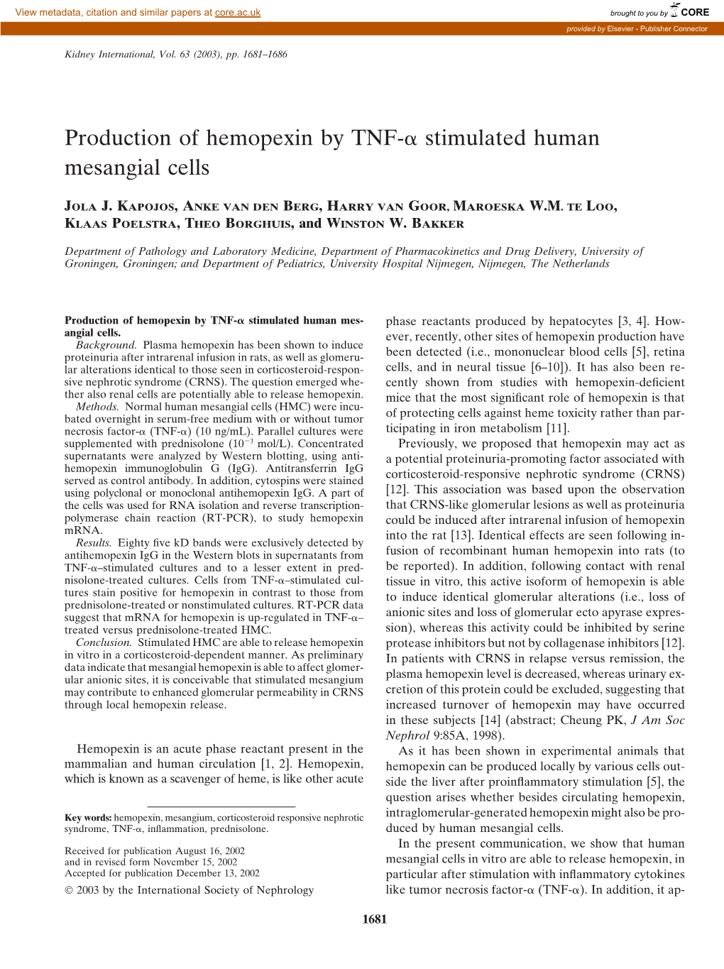 Production of Hemopexin by TNF-Α Stimulated Human Mesangial Cells