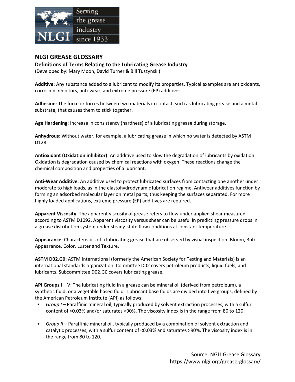 NLGI GREASE GLOSSARY Definitions of Terms Relating to the Lubricating Grease Industry (Developed By: Mary Moon, David Turner & Bill Tuszynski)