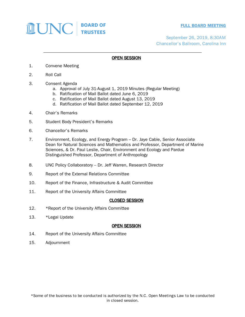 FULL BOARD MEETING September 26, 2019, 8:30AM Chancellor's