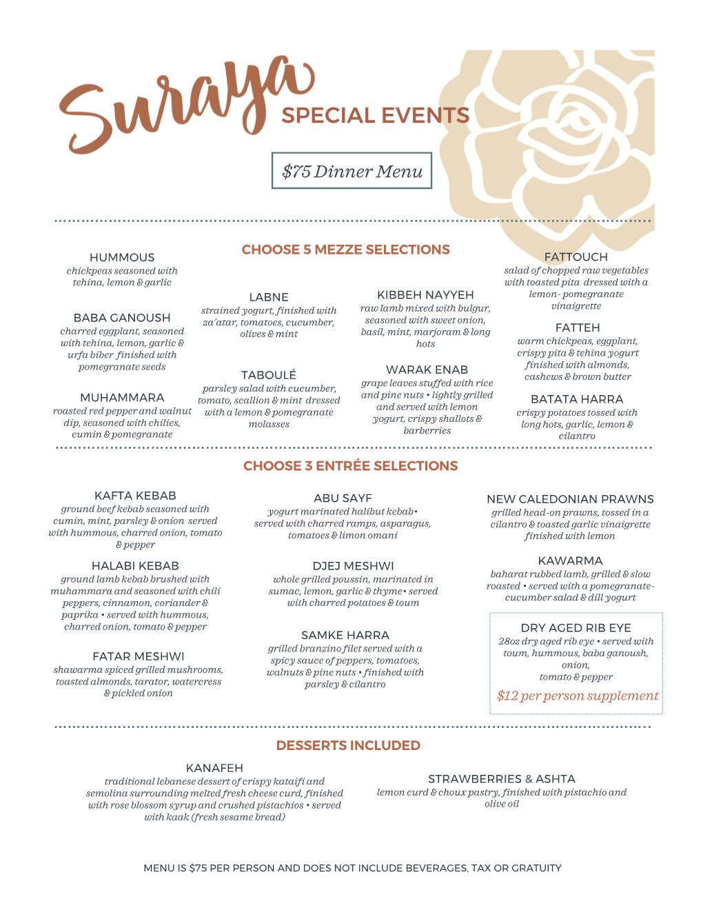 Suraya Special Event Dinner Menus