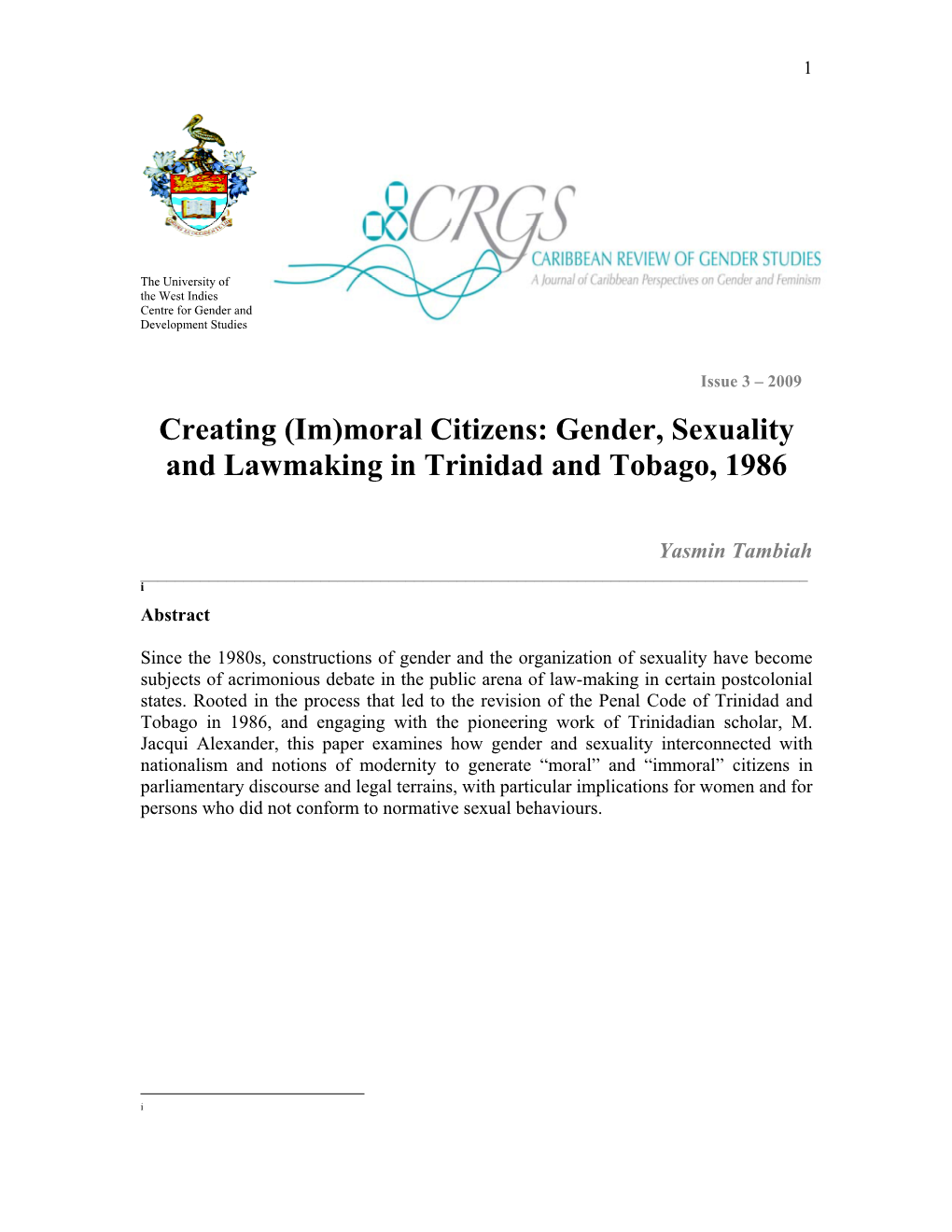 Creating (Im)Moral Citizens: Gender, Sexuality and Lawmaking in Trinidad and Tobago, 1986