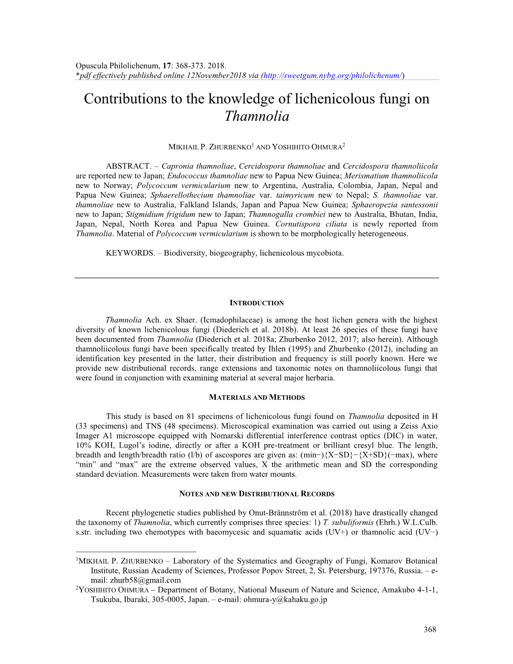 Contributions to the Knowledge of Lichenicolous Fungi on Thamnolia