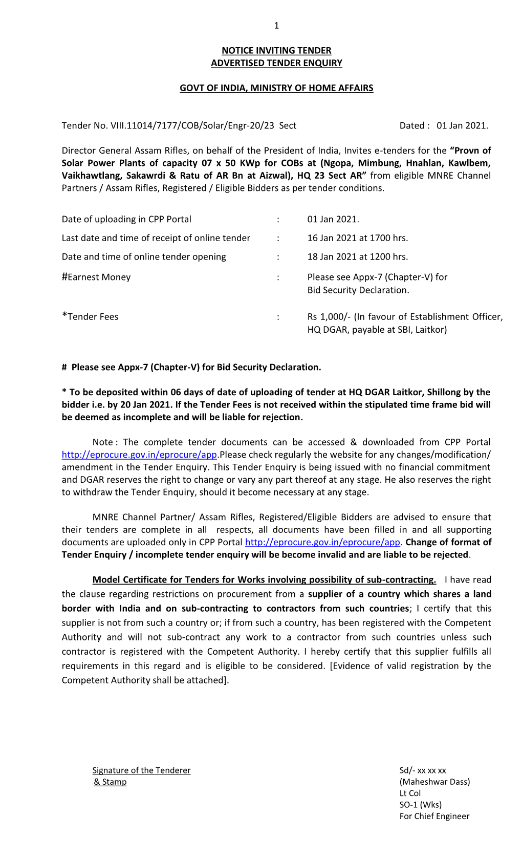 Downloaded from CPP Portal Check Regularly the Website for Any Changes/Modification/ Amendment in the Tender Enquiry