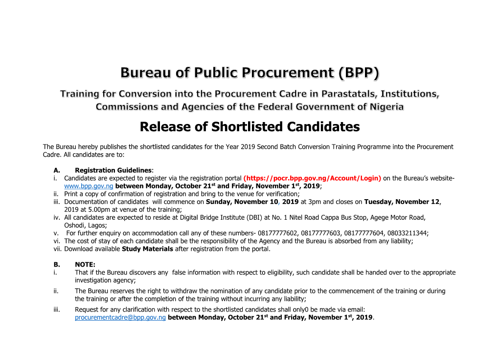 Release of Shortlisted Candidates