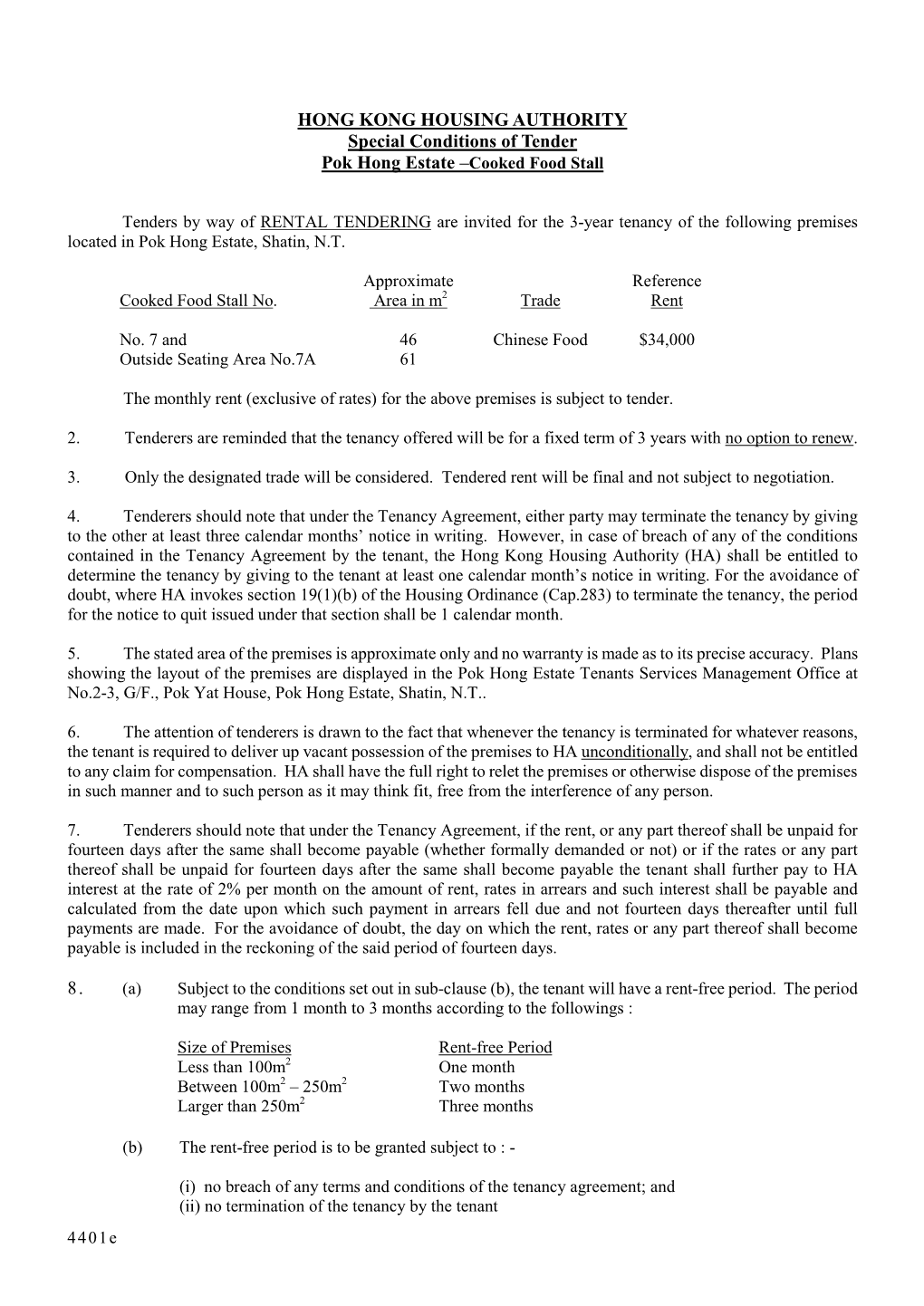 Special Conditions of Tender Pok Hong Estate –Cooked Food Stall