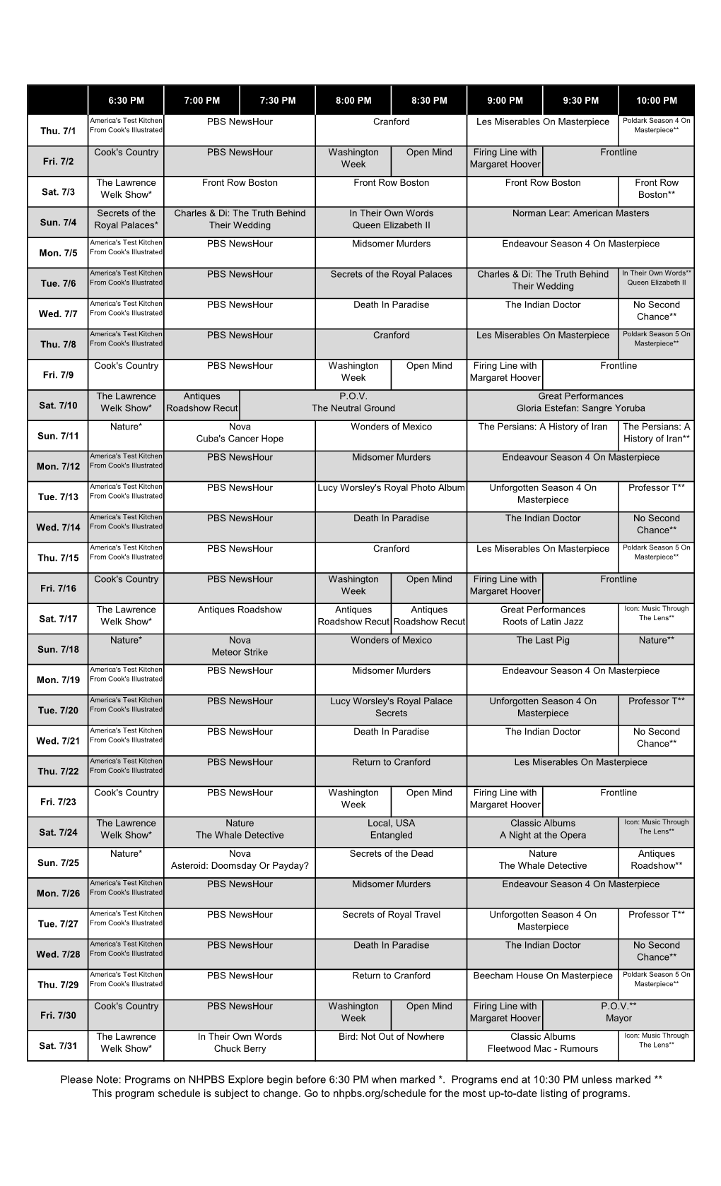 NH Explore Primetime Grid