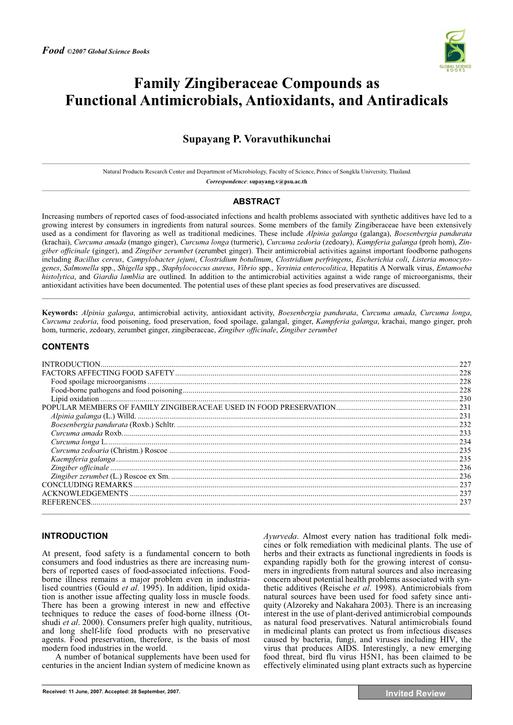 Family Zingiberaceae Compounds As Functional Antimicrobials, Antioxidants, and Antiradicals