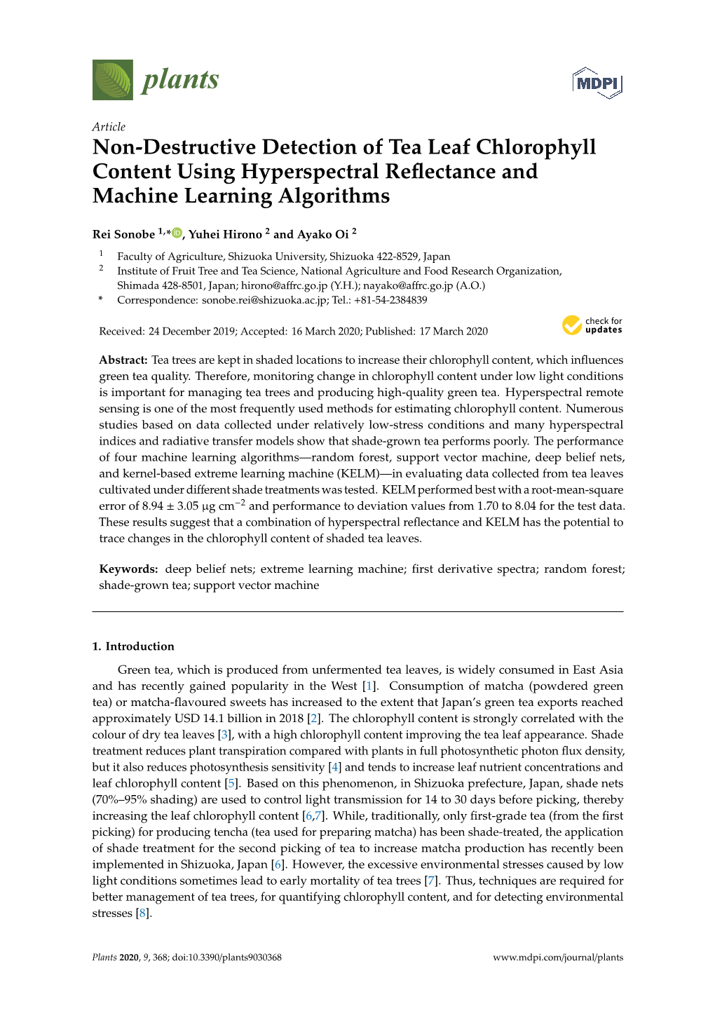 Non-Destructive Detection of Tea Leaf Chlorophyll Content Using Hyperspectral Reﬂectance and Machine Learning Algorithms