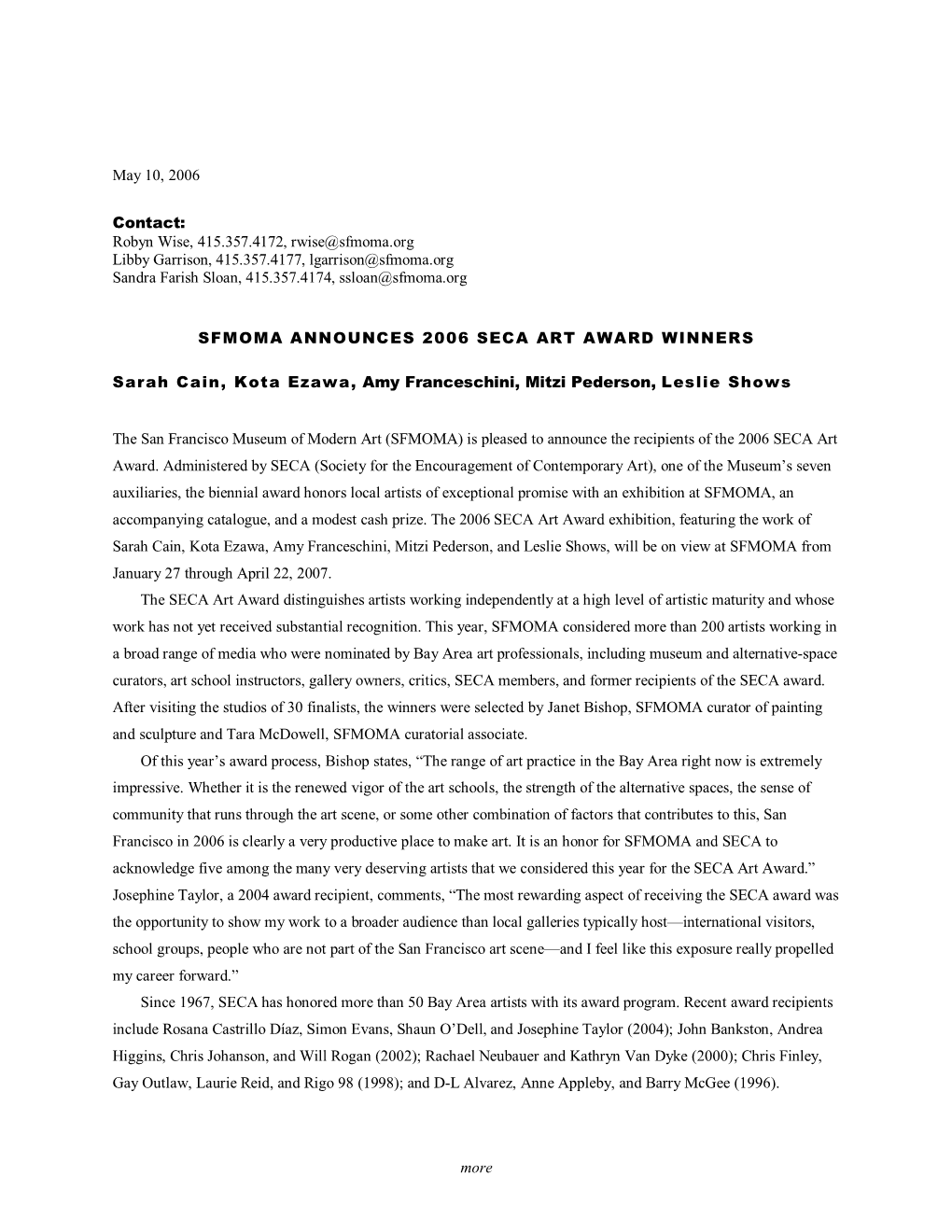 More May 10, 2006 Contact: Robyn Wise, 415.357.4172, Rwise