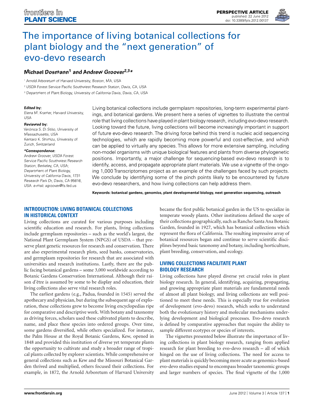 The Importance of Living Botanical Collections for Plant Biology and the “Next Generation” of Evo-Devo Research