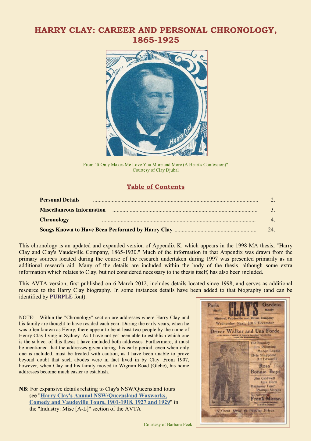 Harry Clay: Career and Personal Chronology, 1865-1925