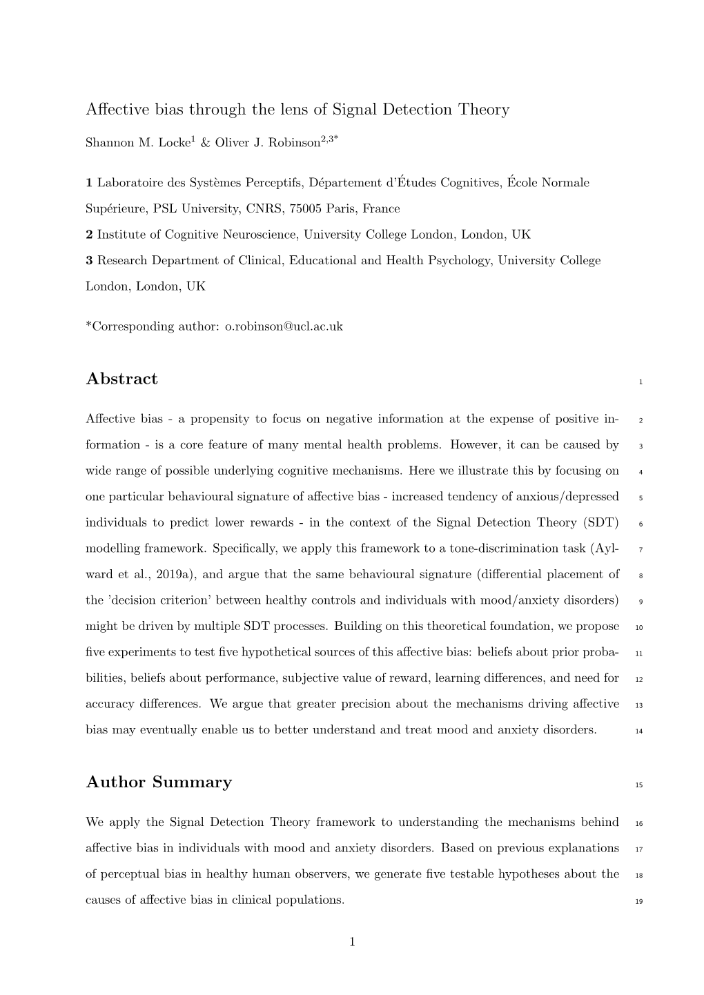 Affective Bias Through the Lens of Signal Detection Theory Abstract