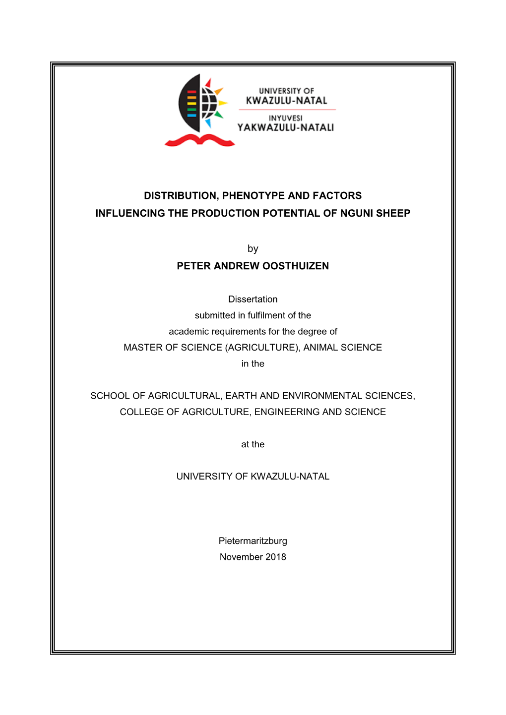 Distribution, Phenotype and Factors Influencing the Production Potential of Nguni Sheep