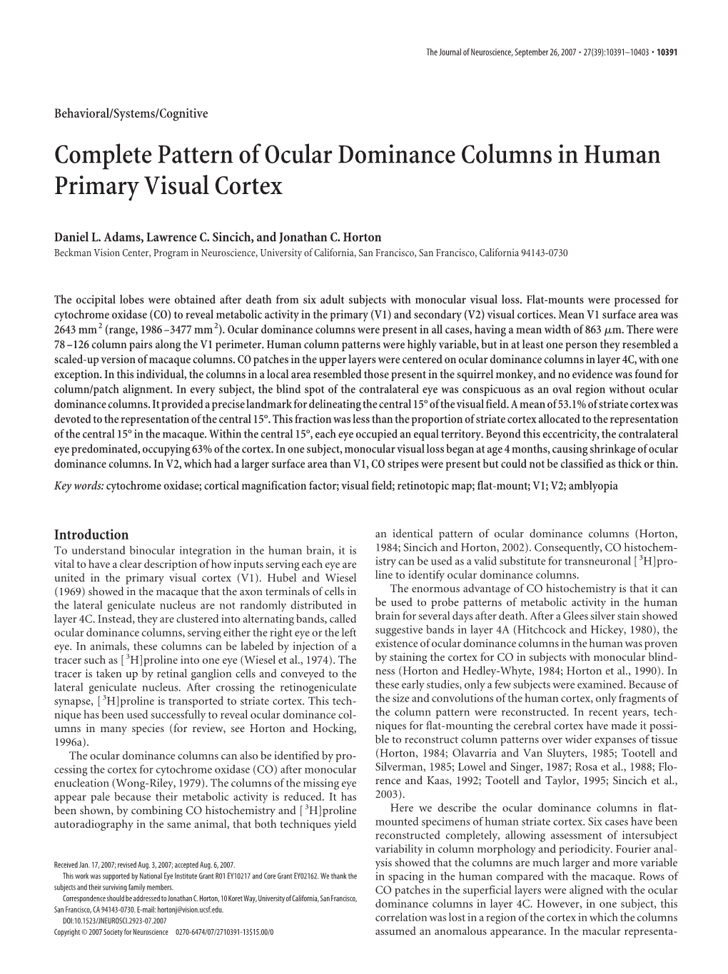 Complete Pattern of Ocular Dominance Columns in Human Primary Visual Cortex